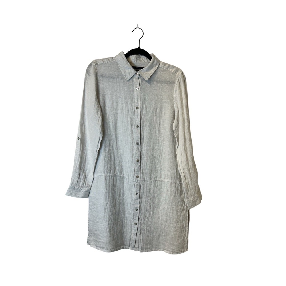 Tahari 100% Linen‎ Shirt Dress Cream Button Down Tunic Roll Tab Sleeve Small